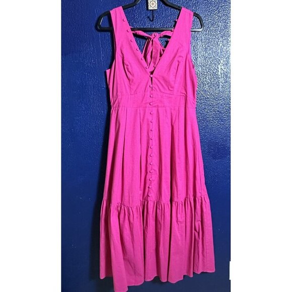 Lulus Blissful Afternoon Hot Pink Linen Tie-Back Midi Dress L Summer Lined - Picture 2 of 13